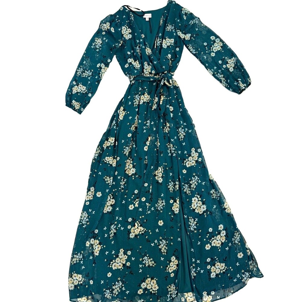 Charming Charlie Green Floral Chiffon Wrap V-Neck Tie Waist Midi Dress 6 casual